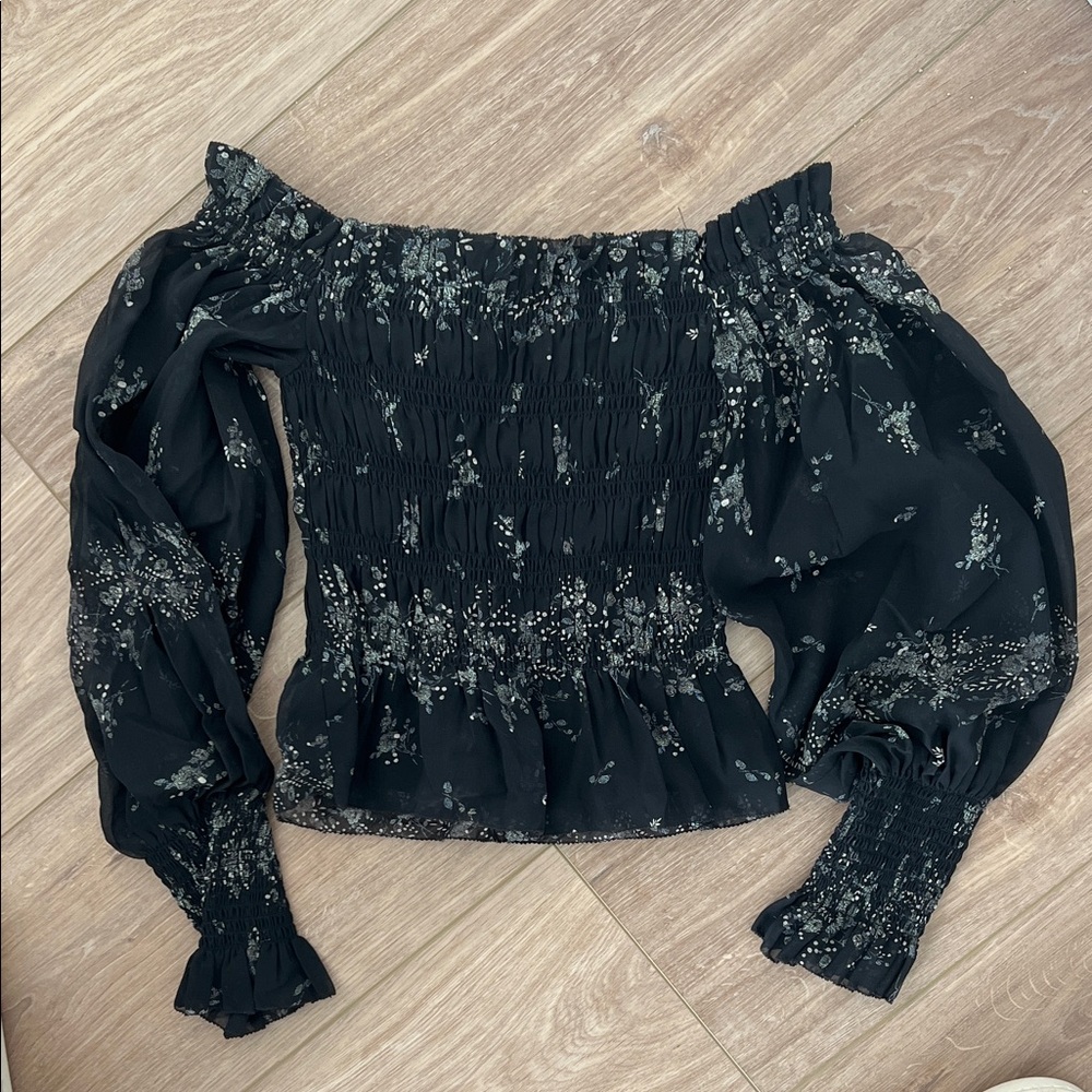 All Saints Black Floral Off-Shoulder Blouse